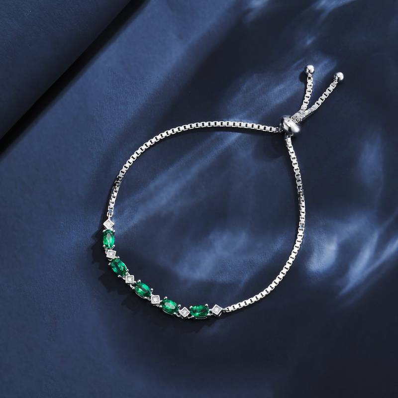 A73-B2020423款S925银镀18K白金蛋形培育祖母绿ExquisiteBracelet5*3mmmm/0.9ct