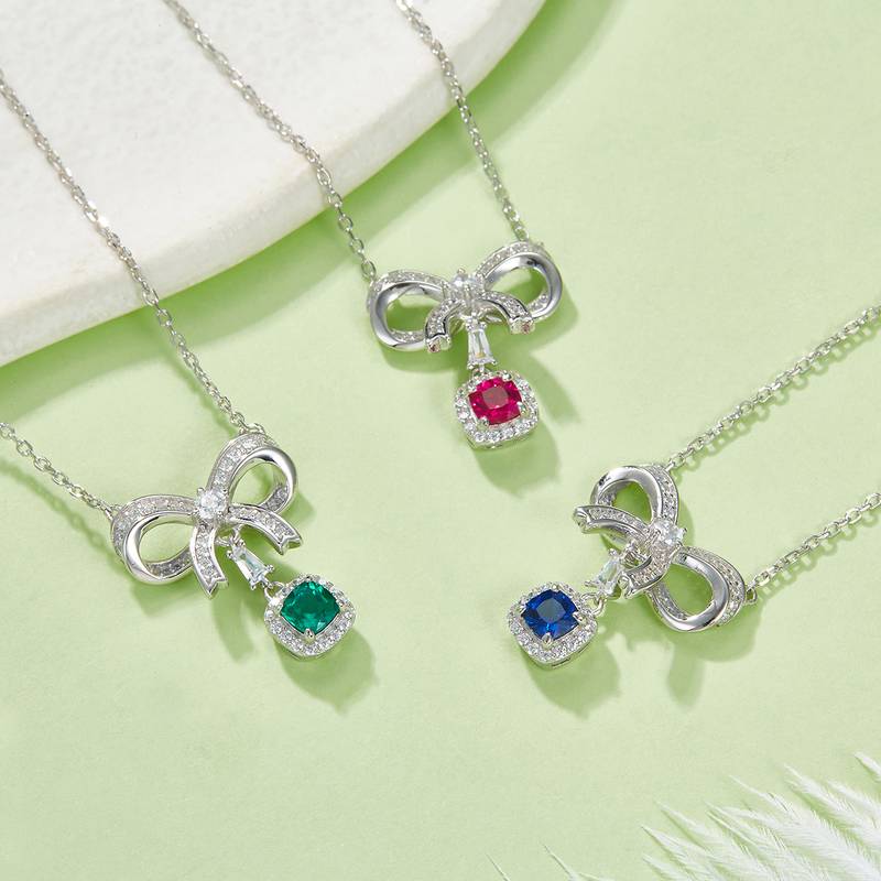 P0878款S925银镀18K白金枕形培育彩宝蝴蝶结Necklace主石4.0mm/