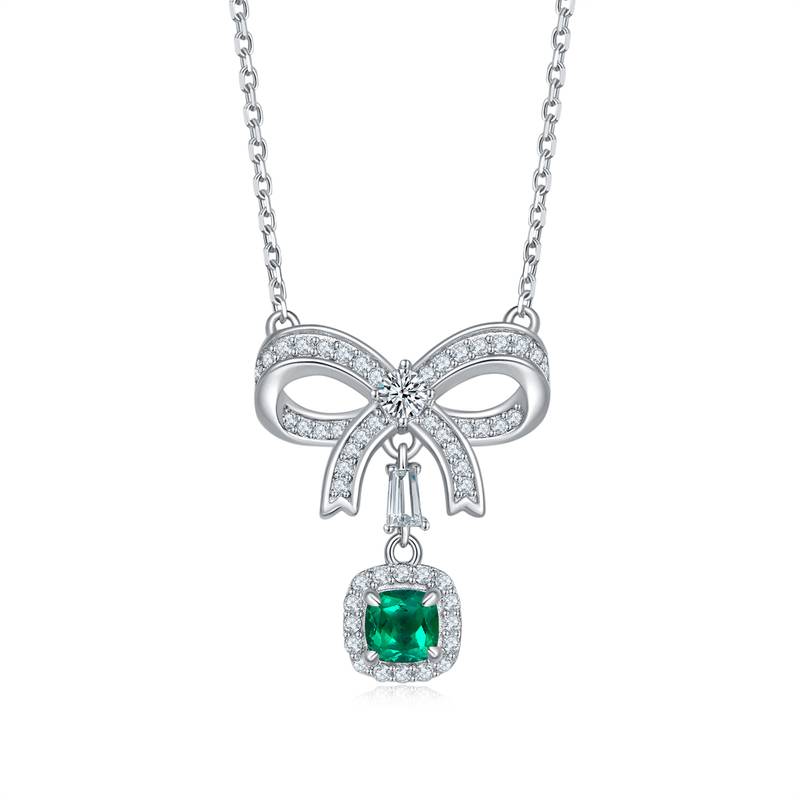 P0878款S925银镀18K白金枕形培育彩宝蝴蝶结Necklace主石4.0mm/