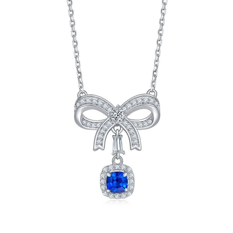 P0878款S925银镀18K白金枕形培育彩宝蝴蝶结Necklace主石4.0mm/