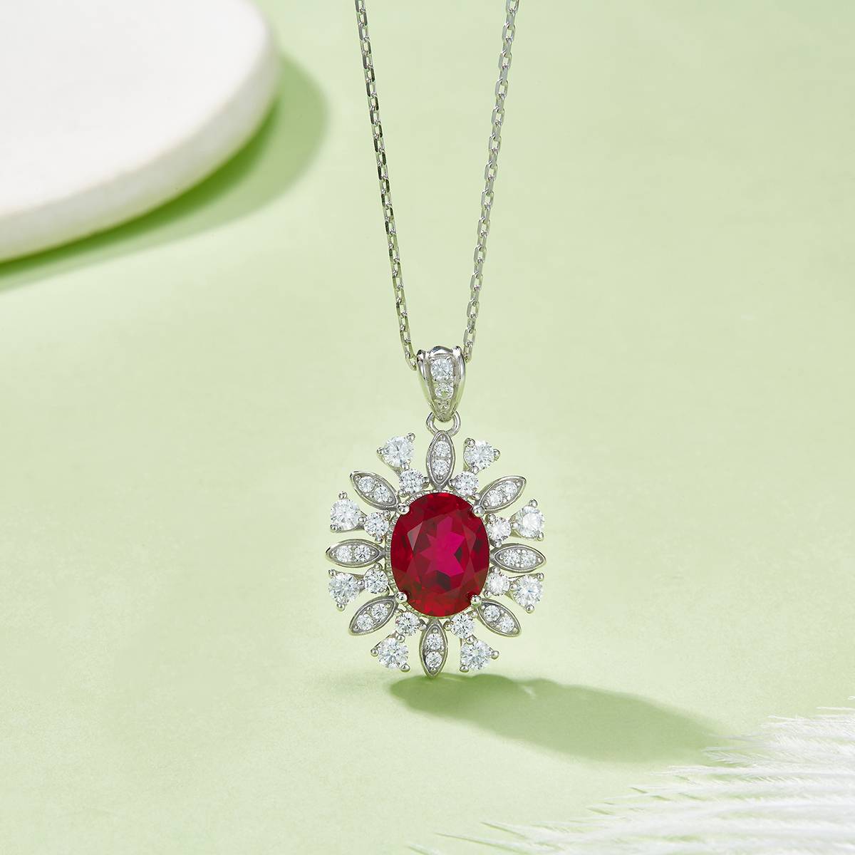 P1065款S925银镀18K白金蛋形培育彩宝Necklace主石10*8mmmm/3.5ct