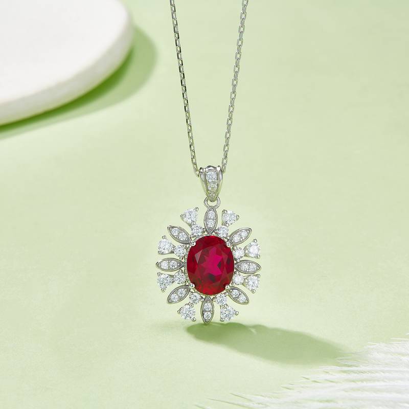 P1065款S925银镀18K白金蛋形培育彩宝Necklace主石10*8mmmm/3.5ct