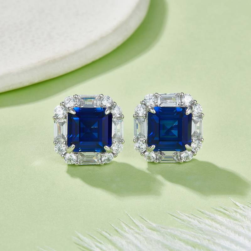 E117款S925银镀18K白金方形培育彩宝Classic气质耳环主石10*10mmmm/7.73ct