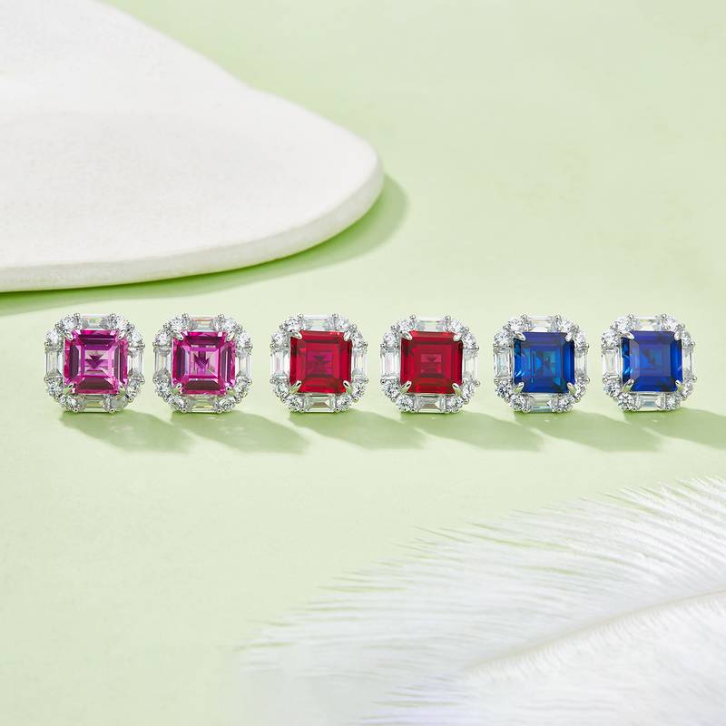 E117款S925银镀18K白金方形培育彩宝Classic气质耳环主石10*10mmmm/7.73ct