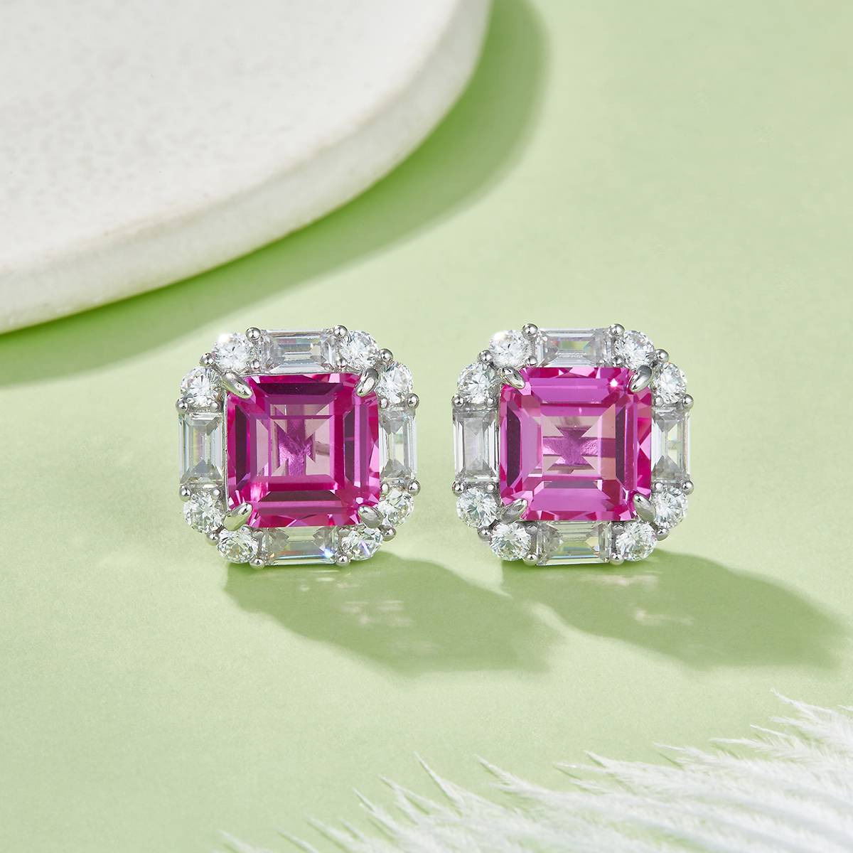 E117款S925银镀18K白金方形培育彩宝经典气质耳环主石10*10mm/7.73ct