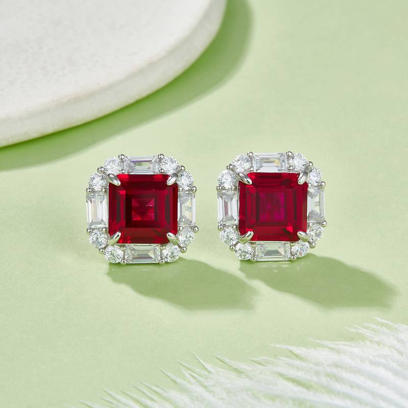 E117款S925银镀18K白金方形培育彩宝Classic气质耳环主石10*10mmmm/7.73ct