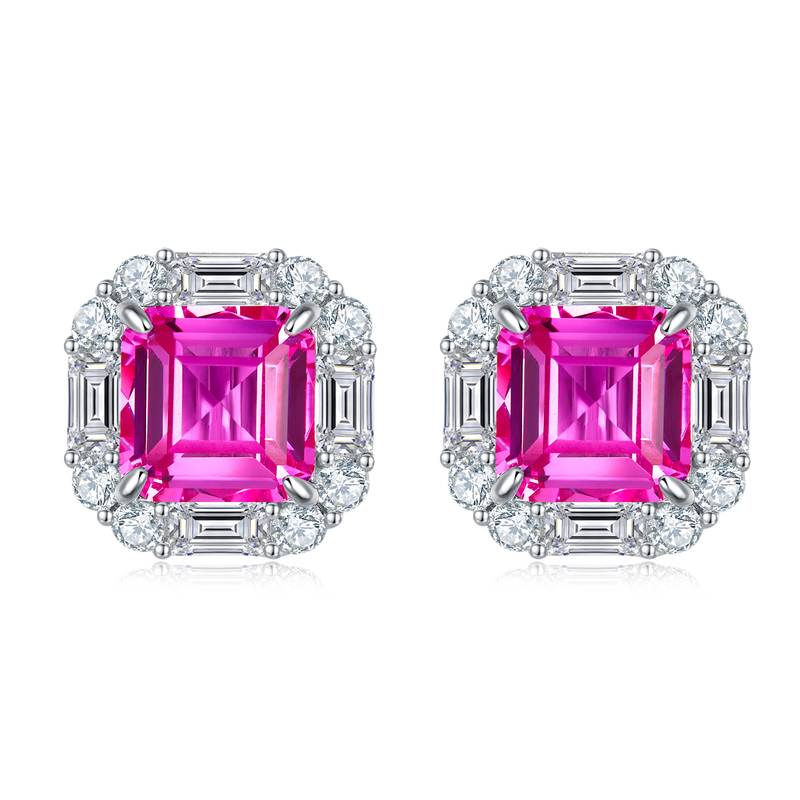 E117款S925银镀18K白金方形培育彩宝Classic气质耳环主石10*10mmmm/7.73ct