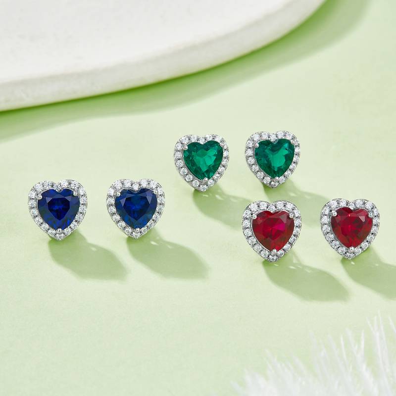 E2027款银镀18K白金心形培育彩宝Stud Earring主石6.0mm
