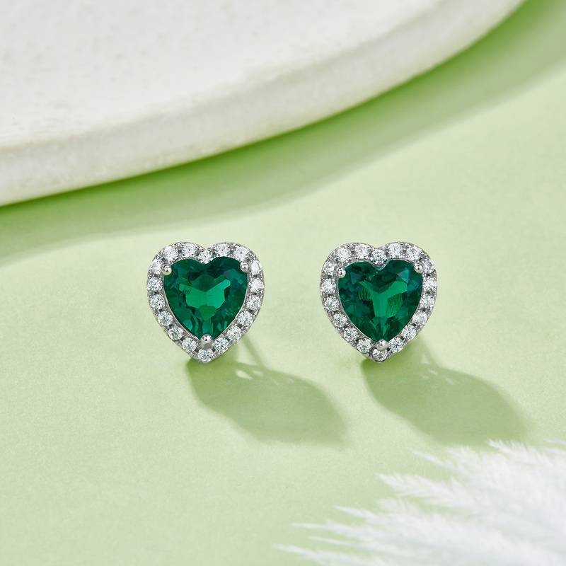 E2027款银镀18K白金心形培育彩宝Stud Earring主石6.0mm