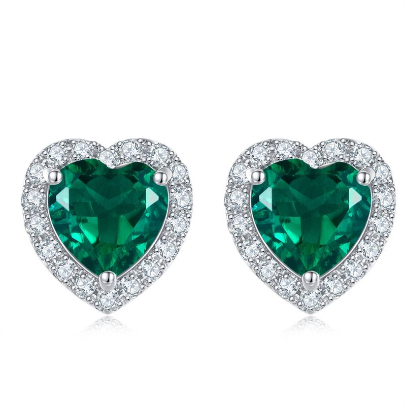 E2027款银镀18K白金心形培育彩宝Stud Earring主石6.0mm