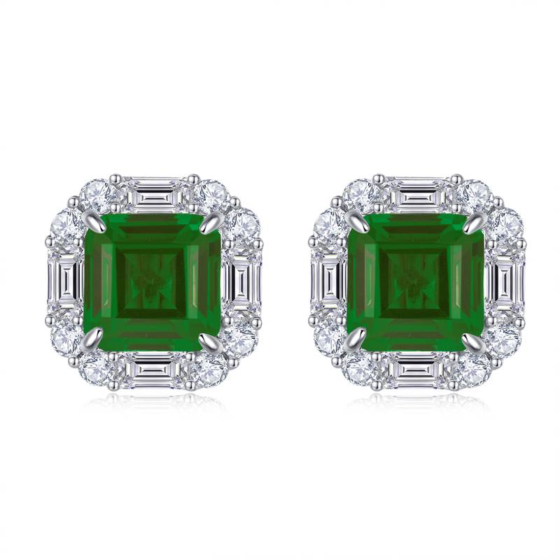E117款S925银镀18K白金方形培育彩宝Classic气质耳环主石10*10mmmm/7.73ct