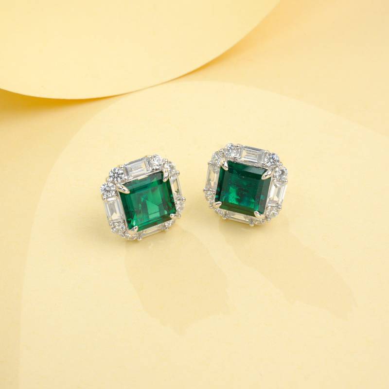 E117款S925银镀18K白金方形培育彩宝Classic气质耳环主石10*10mmmm/7.73ct