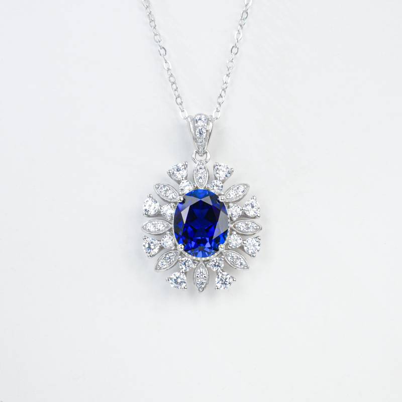 P1065款S925银镀18K白金蛋形培育彩宝Necklace主石10*8mmmm/3.5ct