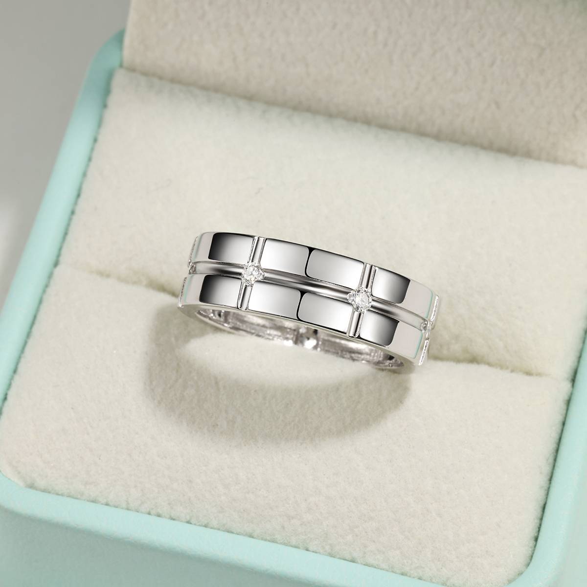MR0257款S925银镀18K白金莫桑钻方格简约戒指0.21ct