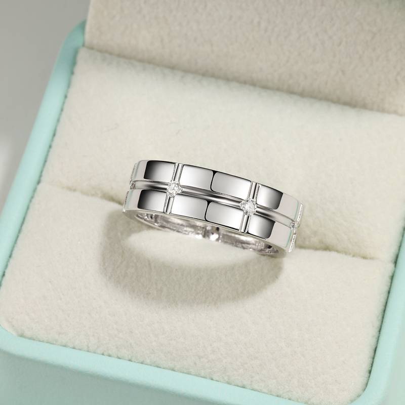 MR0257款S925银镀18K白金Moissanite方格简约Ring0.21ct