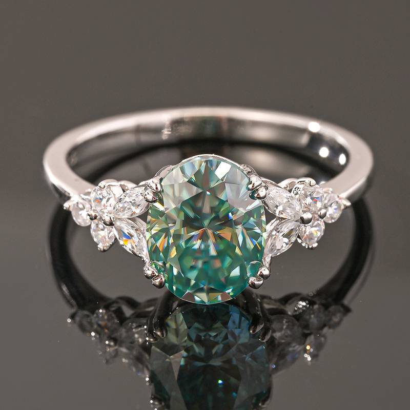MR0320款S925银镀18K白金蓝绿色蛋形Moissanite小花Ring主石9*7mmmm/2.0ct