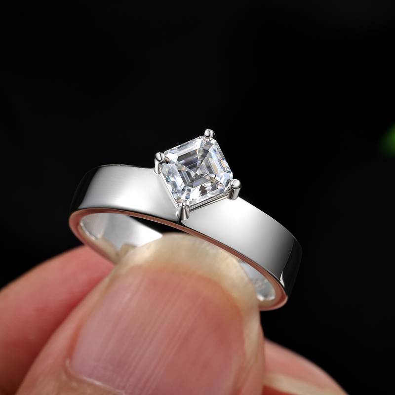 MR0348款S925银镀18K白金阿斯切形莫桑钻ins风简约戒指主石5mm/0.8ct