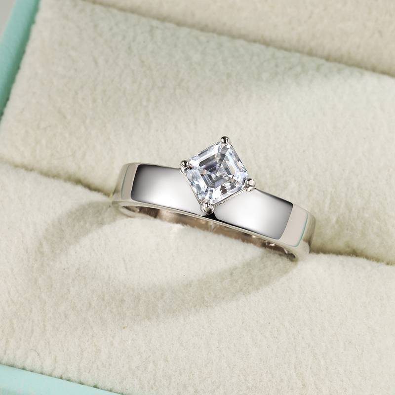 MR0348款S925银镀18K白金阿斯切形莫桑钻ins风简约戒指主石5mm/0.8ct