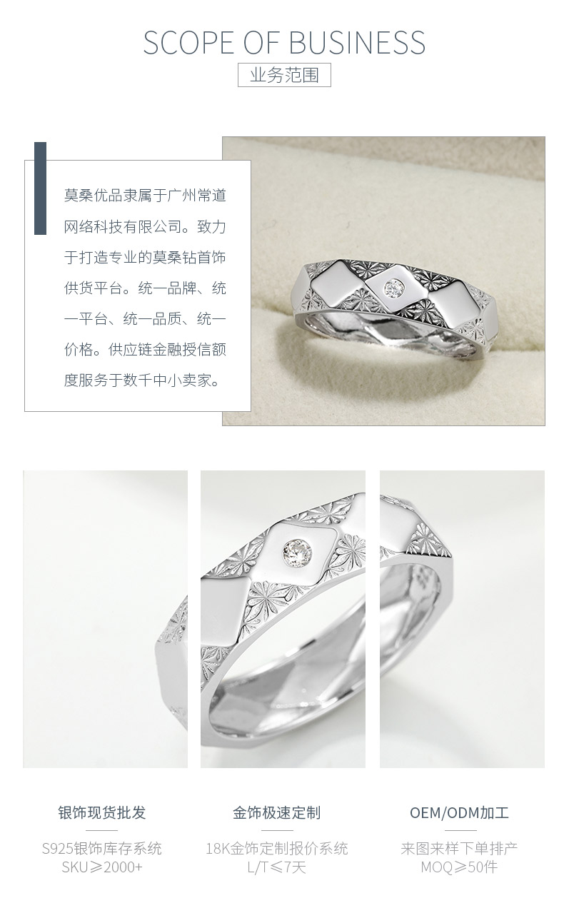 MR0256款S925银镀18K白金莫桑钻菱形雕花戒指0.03ct - 3
