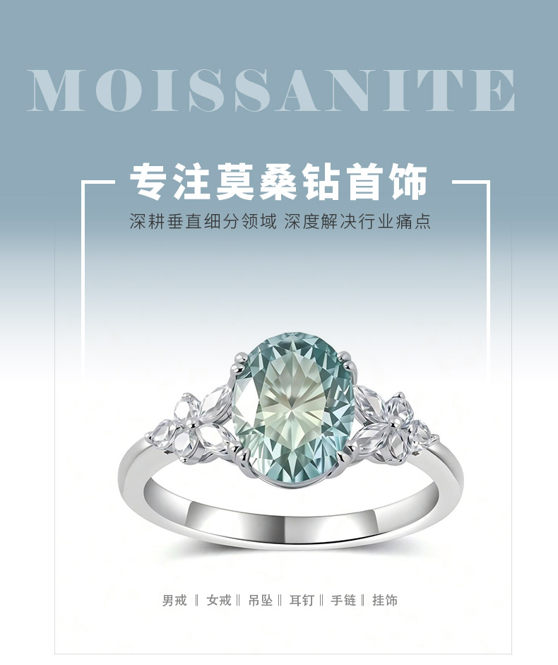 MR0320款S925银镀18K白金蓝绿色蛋形莫桑钻小花戒指主石9*7mm/2.0ct - 1