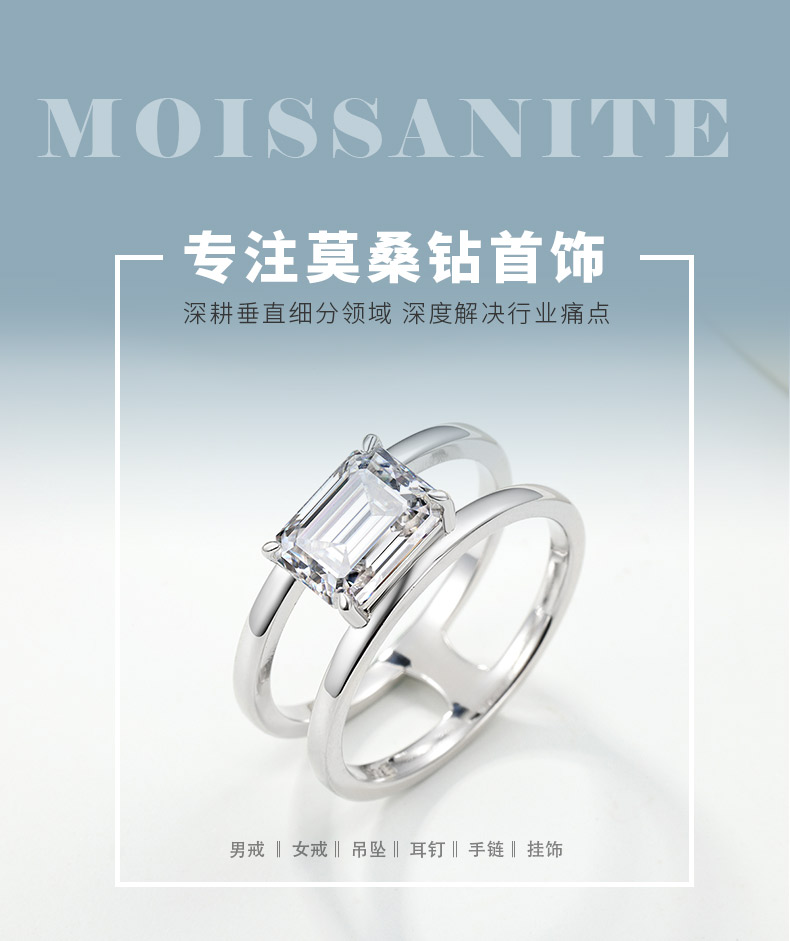 MR0345款S925银镀18K白金祖母绿切割莫桑钻方糖戒指主石8*6mm/2.0ct - 1
