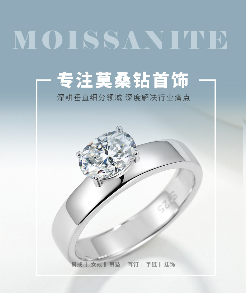 MR0346款S925银镀18K白金蛋形莫桑钻ins风简约戒指主石7*5mm/1.0ct - 1