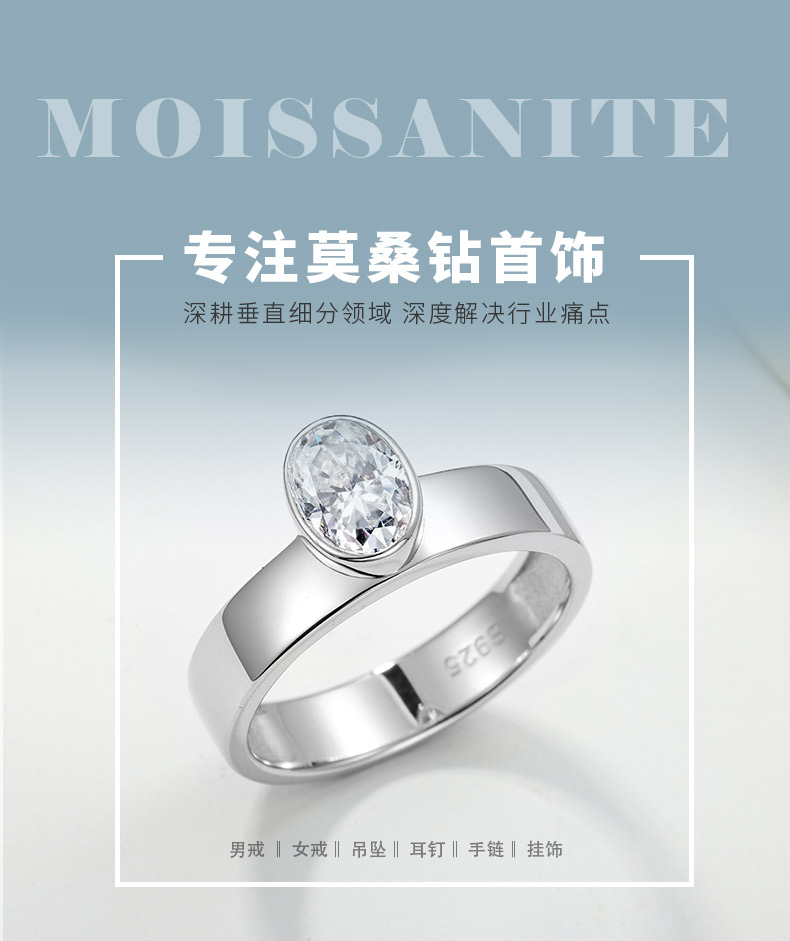 MR0347款S925银镀18K白金包镶蛋形莫桑钻ins风简约戒指主石7*5mm/1.0ct - 1