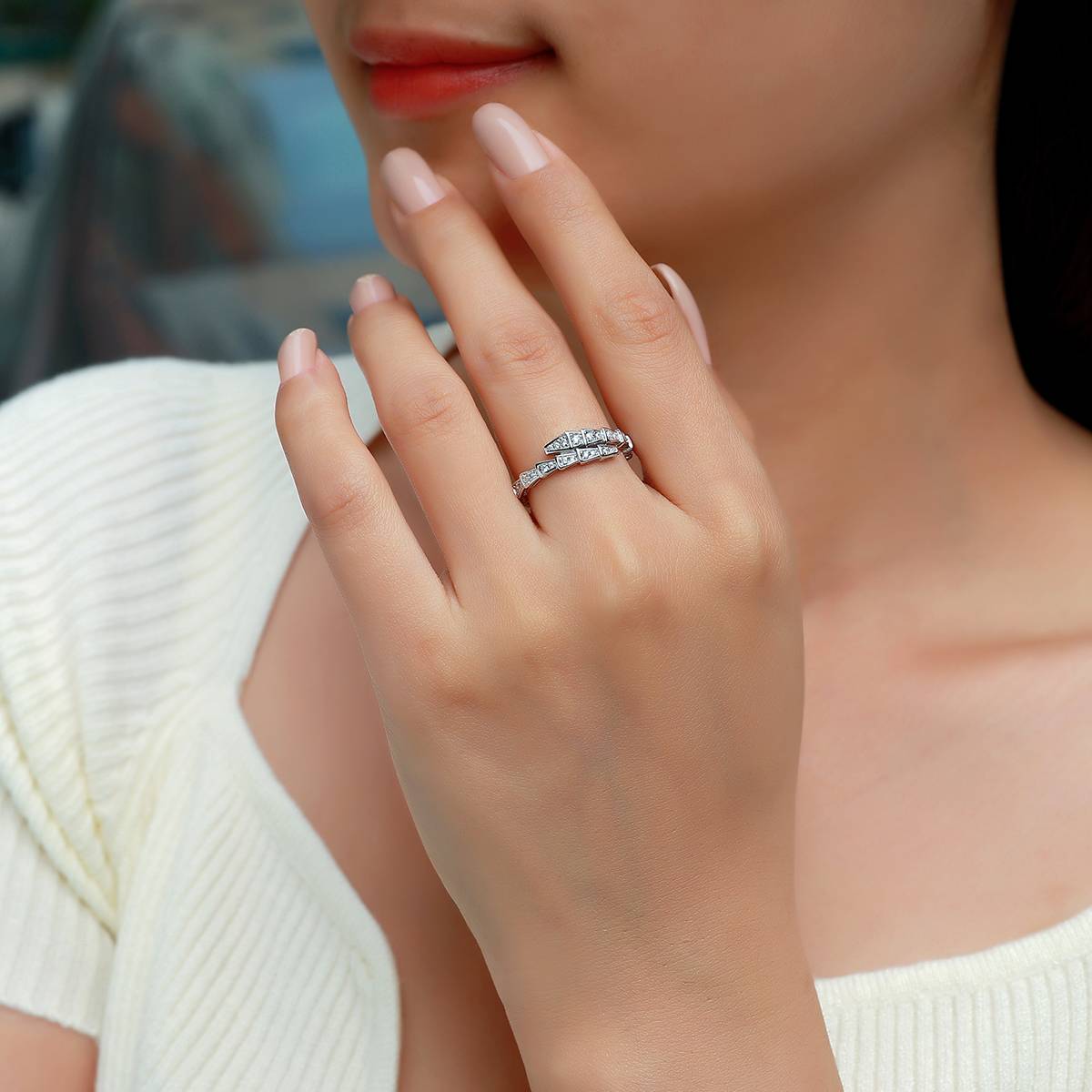 SR0378405款S925银镀18K金Moissanite女蛇形Ring0.4ct