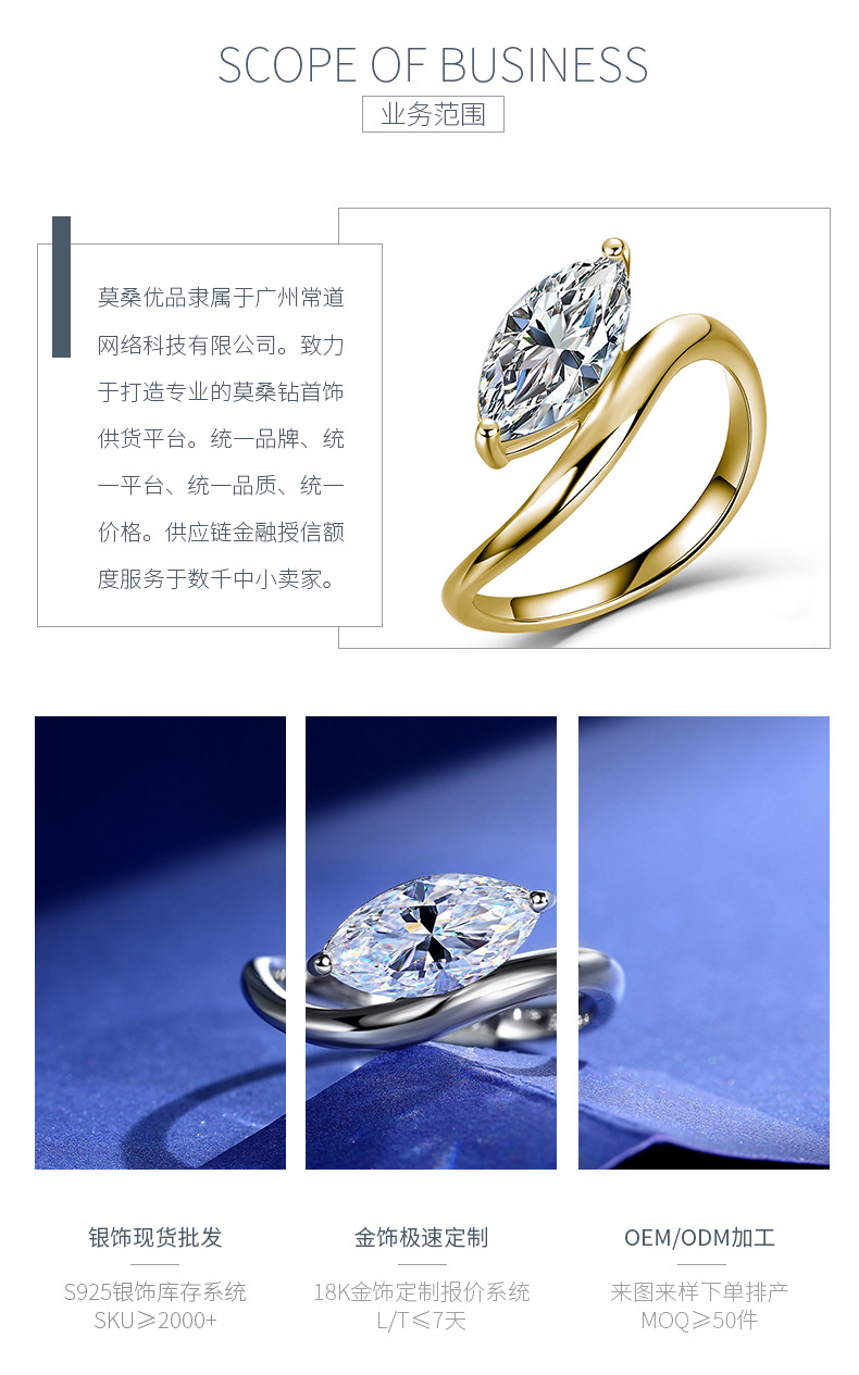 SR0636703款S925银镀18K金马眼形莫桑钻时尚个性女戒12*6mm/2.0ct - 3