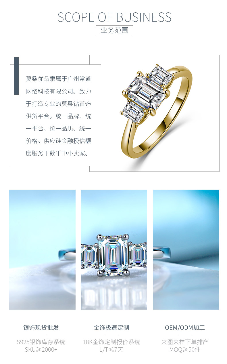 SR0620703款S925银镀18K金祖母绿形全莫桑钻三石款女戒1.6ct - 3