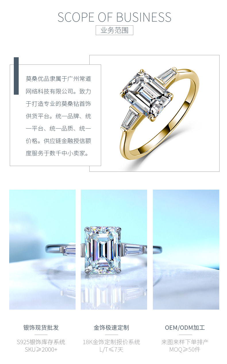 SR0619304款S925银镀18K金祖母绿形三石款全莫桑钻女戒2.2ct - 3