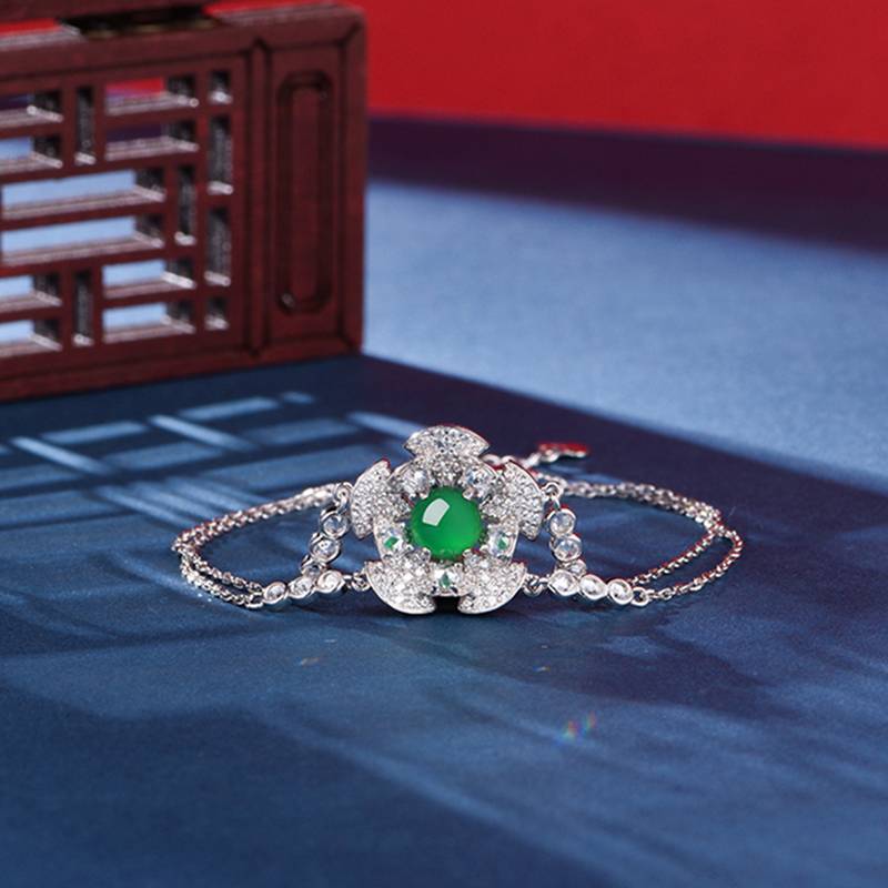 K0904B款S925银镀18K白金圆形绿玉髓春日桃花Bracelet6.0mm