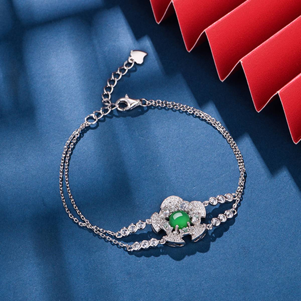 K0904B款S925银镀18K白金圆形绿玉髓春日桃花Bracelet6.0mm