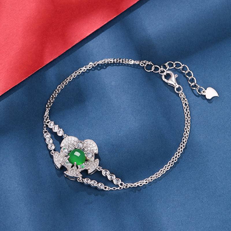 K0904B款S925银镀18K白金圆形绿玉髓春日桃花Bracelet6.0mm