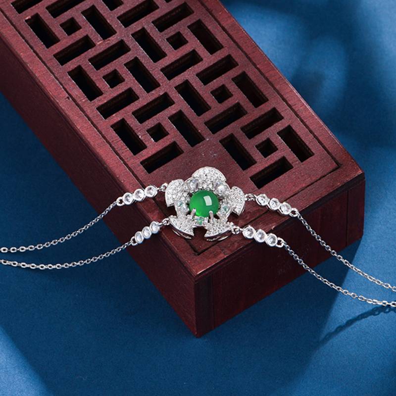 K0904B款S925银镀18K白金圆形绿玉髓春日桃花Bracelet6.0mm