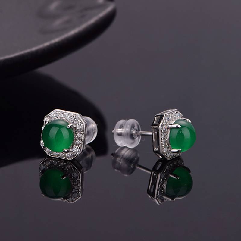 K3069E款S925银镀18K白金圆形绿玉髓Stud Earring6.0mm