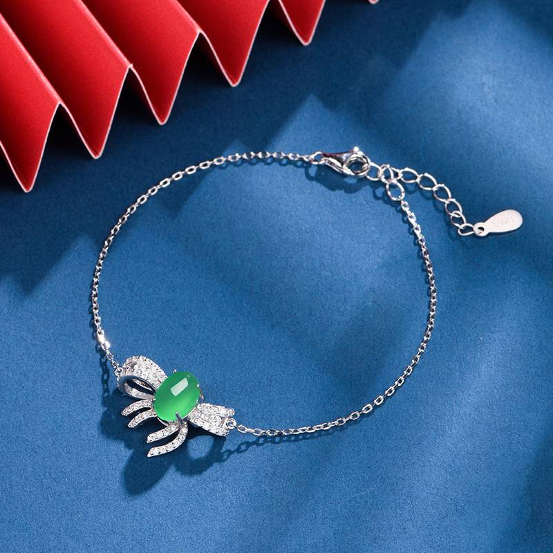 K0897B款S925银镀18K白金蛋形绿玉髓蝴蝶结Bracelet8*6mmmm