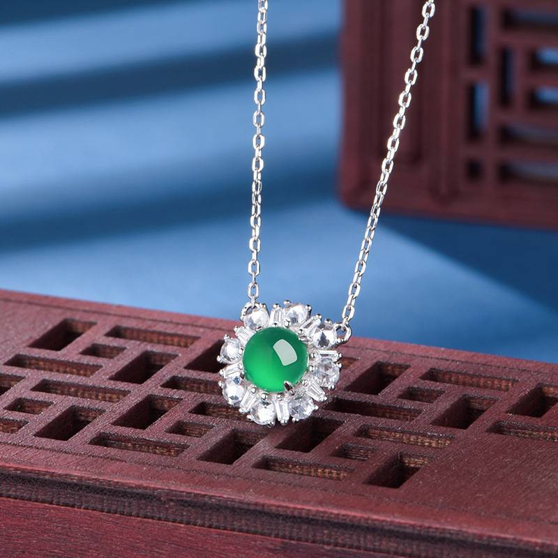 K0885N款S925银镀18K白金圆形绿玉髓幸福围绕Necklace6.0mm
