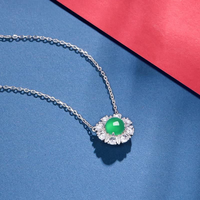K0885N款S925银镀18K白金圆形绿玉髓幸福围绕Necklace6.0mm