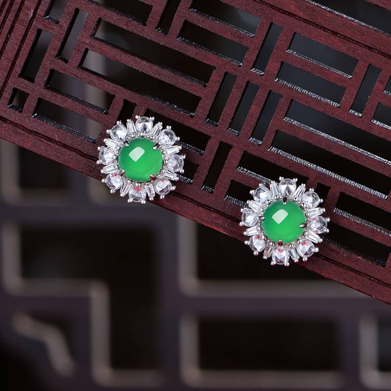 K0885E款S925银镀18K白金圆形绿玉髓幸福围绕耳环6.0mm
