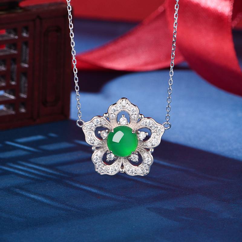 K0904N款S925银镀18K白金圆形绿玉髓春日桃花项链8.0mm