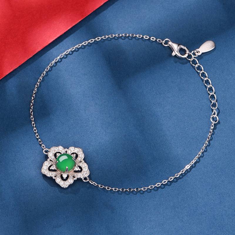 K0904B款S925银镀18K白金圆形绿玉髓春日桃花Bracelet6.0mm