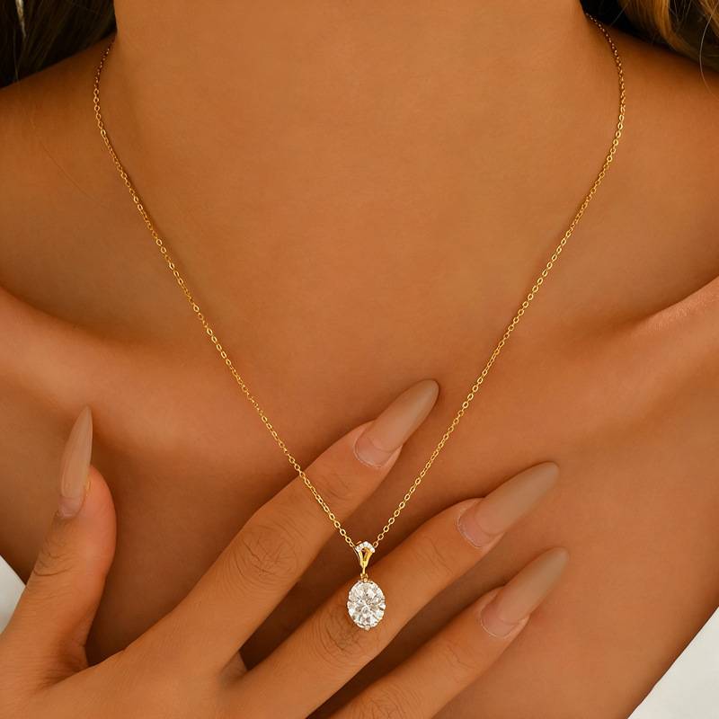 FX36914款S925银镀18K金蛋形Moissanite承载幸福Necklace主石10*8mmmm/3.0ct