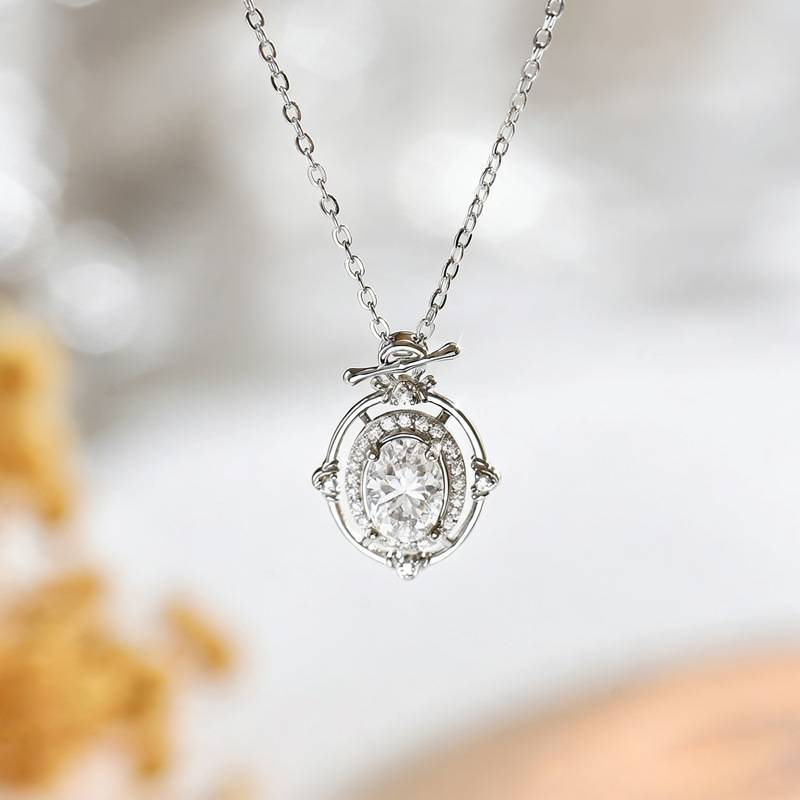 FX39525款S925银镀18K金蛋形莫桑钻浪漫星球项链主石8*6mm/1.5ct