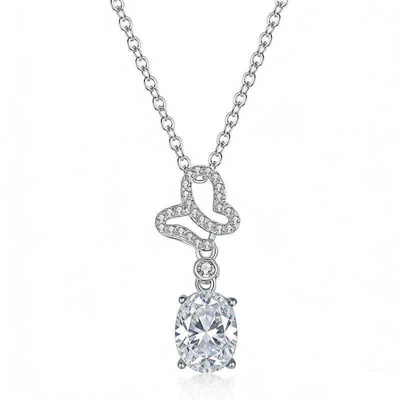 FX39543款S925银镀18K金蛋形莫桑钻破茧成蝶项链主石8*6mm/1.25ct