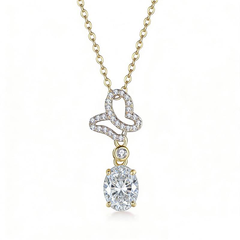 FX39543款S925银镀18K金蛋形莫桑钻破茧成蝶项链主石8*6mm/1.25ct