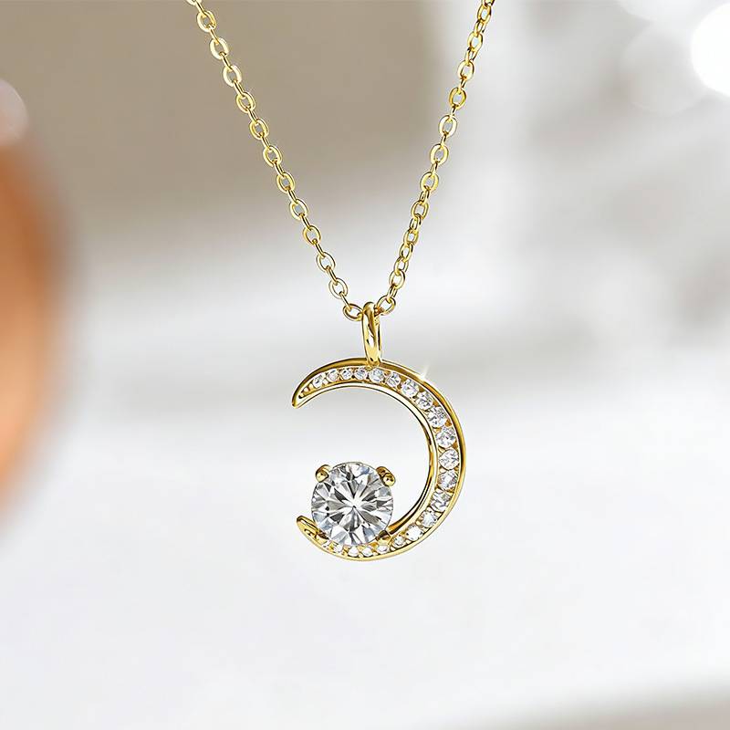 FX39546款S925银镀18K金圆形Moissanite星月交辉Necklace主石6.0mm/0.8ct