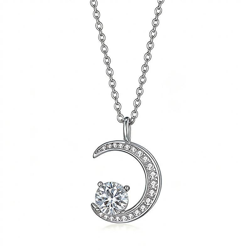 FX39546款S925银镀18K金圆形Moissanite星月交辉Necklace主石6.0mm/0.8ct
