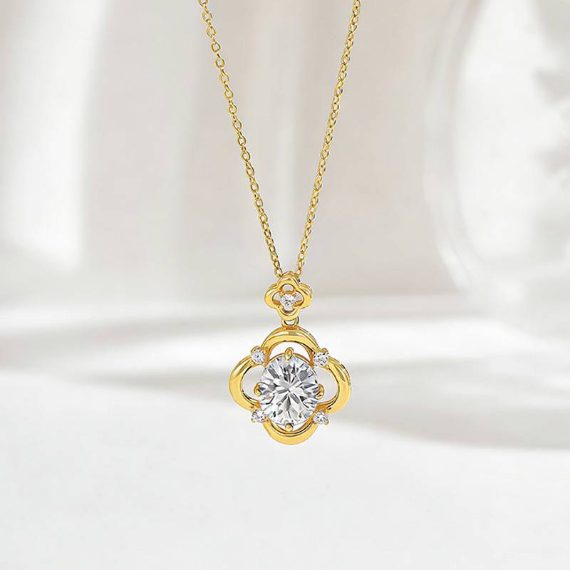 FX39619款S925银镀18K金蛋形Moissanite四叶花Necklace主石10*8mmmm/3.0ct