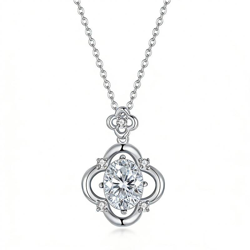 FX39619款S925银镀18K金蛋形Moissanite四叶花Necklace主石10*8mmmm/3.0ct